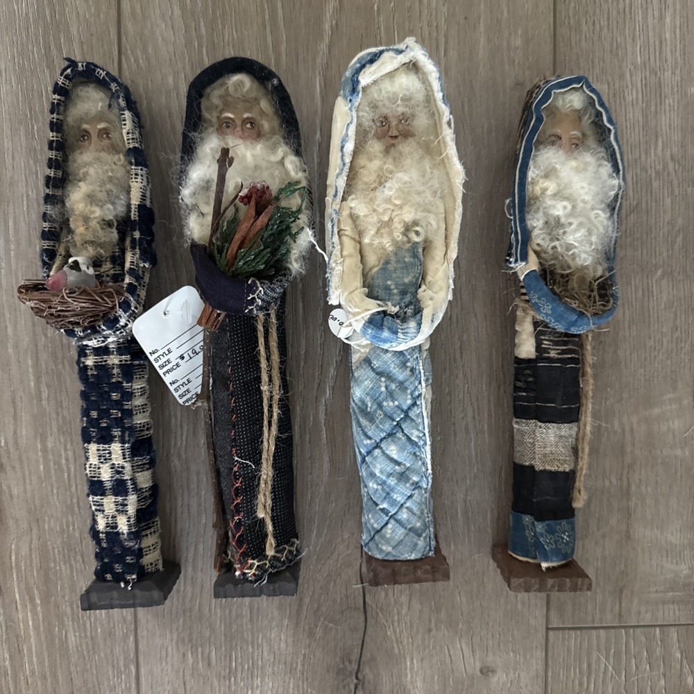 Set Of 4 NEW Vintage Tall Skinny 9" Country Folk Art Santa Standing Figurines